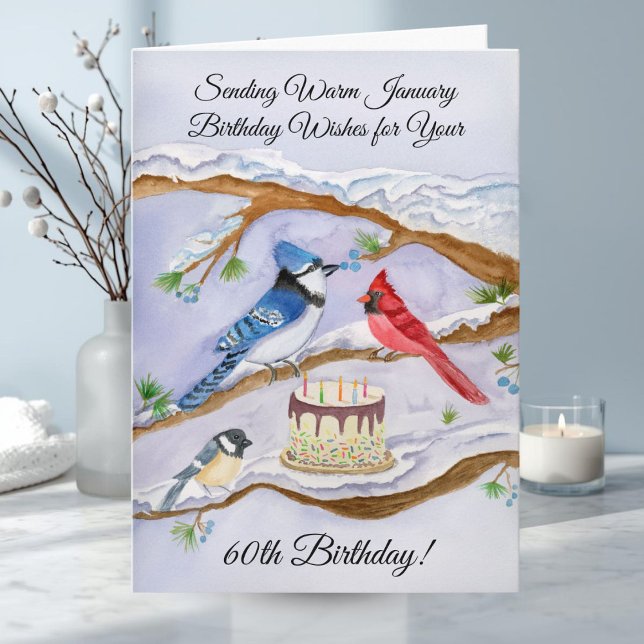 January 60th Birthday Backyard Birds Watercolor Card (Creator Uploaded)