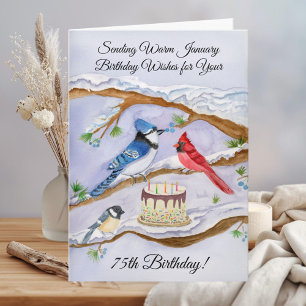 January 75th Birthday Backyard Birds Watercolor Card