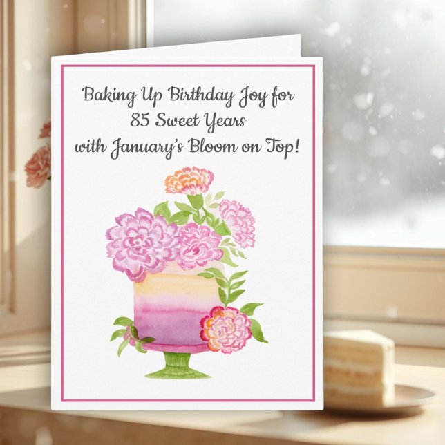 January 85th Birthday Cake Purple Carnations Card (Creator Uploaded)