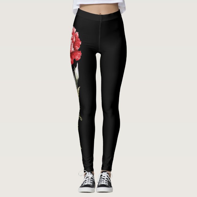 January Birth Flower, Red Carnation on Black Leggings (Front)