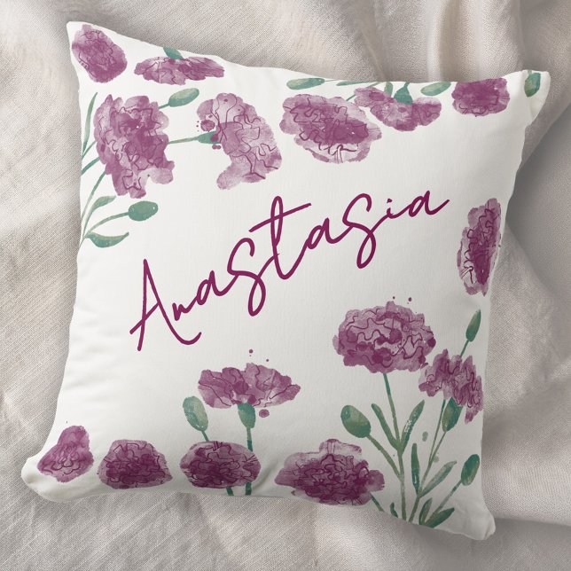 January Birth Month Carnation Personalised Cushion (January birth month flower personalized custom script name watercolor carnation botanical art pillow)