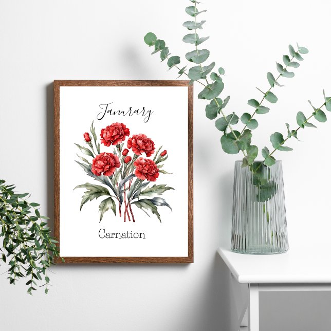 January Birth Month Flower Carnation Birthday Gift Poster (January Red Carnation Birth Month Flower Poster Print Wall Art. Personalize it)
