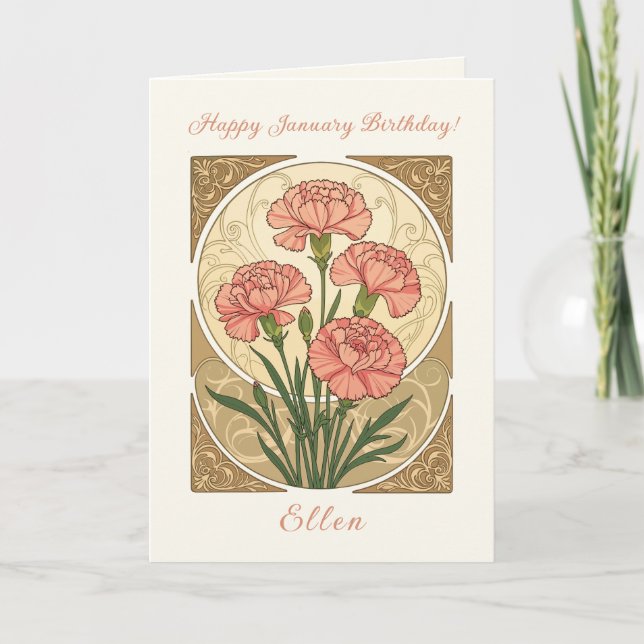 January Birthday Pink Carnation Flowers Art Nouvea Card (Front)