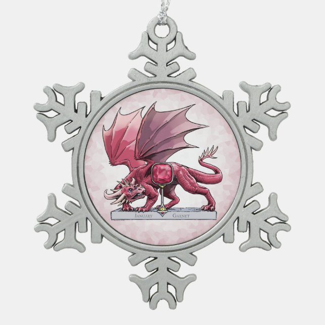 January Birthstone Dragon - Garnet Snowflake Pewter Christmas Ornament (Front)