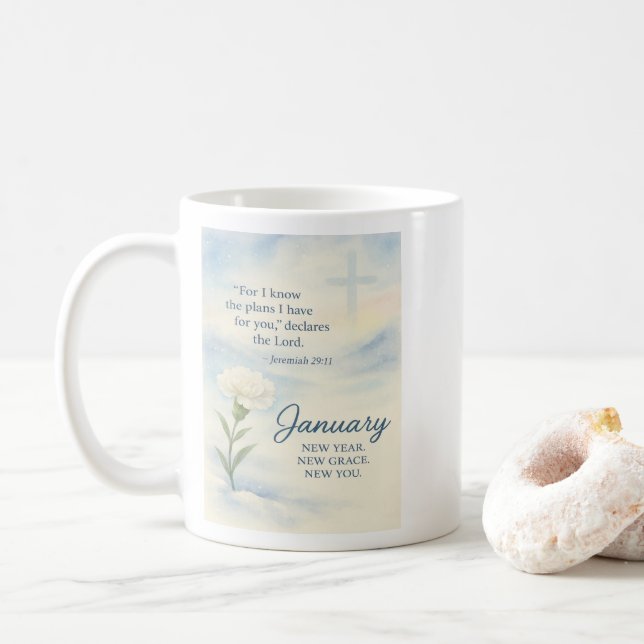 January Floral Birthday Inspirational Winter  Coffee Mug (With Donut)
