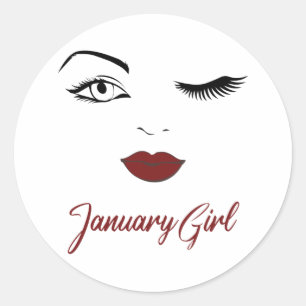 January Girl Eyes Cute Red Lips Wink Birthday Classic Round Sticker