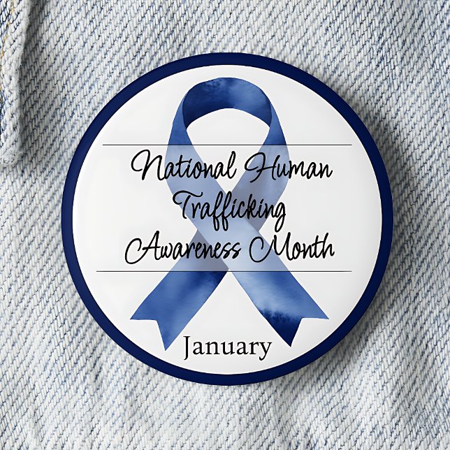 January National Human Trafficking Awareness Month 6 Cm Round Badge (National Human Trafficking Awareness Month.  January. Blue awareness ribbon.)