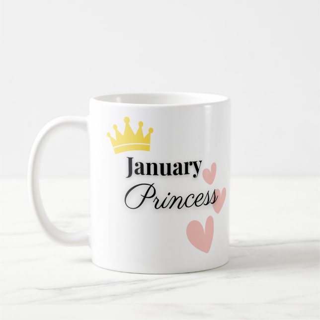 January Princess Mug – Gold Crown & Hearts Design (Left)