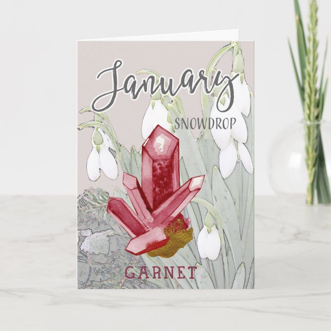 January Snowdrops and Garnet Birthday Card (Front)