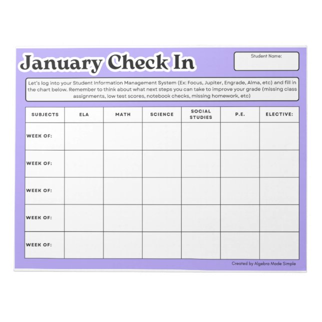 January Weekly Student Progress Grades Check In Notepad (Front)