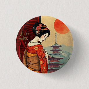 Japan 日本 maiko geisha pagoda sun 3 cm round badge