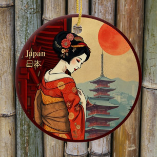 Japan 日本 maiko geisha pagoda sun  ceramic ornament