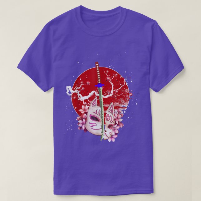 Japan Anime Mask Kitsune Sakura Samurai Oni Monste T-Shirt (Design Front)