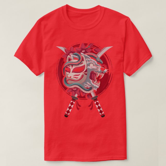 Japan Anime Mask Kitsune Style Samurai Oni Monster T-Shirt (Design Front)