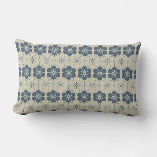 Japan. Blue Floral Flowers. Lumbar Cushion (Front)