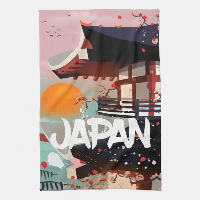 Japan Building setting sun poster Tea Towel (Vertical)