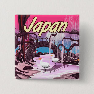 Japan cartoon water garden vacation poster. 15 cm square badge