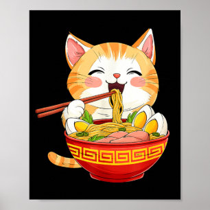 Japan Cat Eating Ramen Noodle Kawaii Anime Style Poster