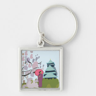 Japan Cherry Blossom Geisha Kimono  Key Ring