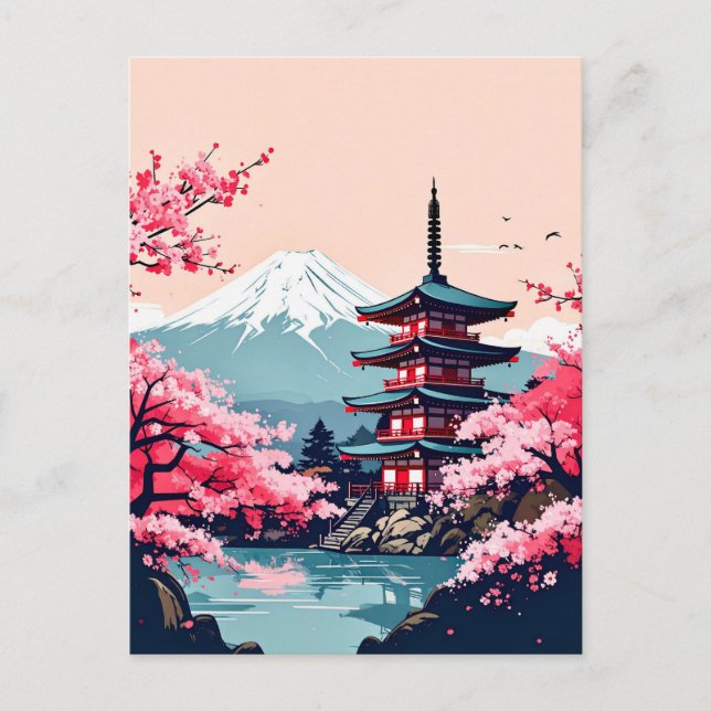 Japan Cherry Blossoms and Pagoda with Mount Fuji Postcard (Front)