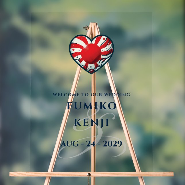 Japan Couple Heart Wedding Welcome Acrylic Sign (Neutral)