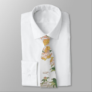 Japan Crane Bird Peony Flower Blossoms Tie