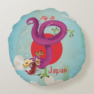 Japan Dragon Vintage Travel Poster Round Cushion