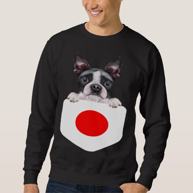 Japan Flag Boston Terrier Dog In Pocket Sweatshirt (Front)