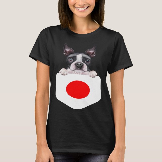 Japan Flag Boston Terrier Dog In Pocket T-Shirt (Front)