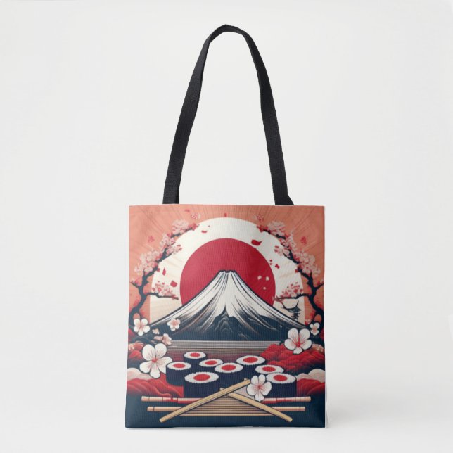 Japan Flag with Sushi and Mount Fuji Artwork Tote Bag (Front)