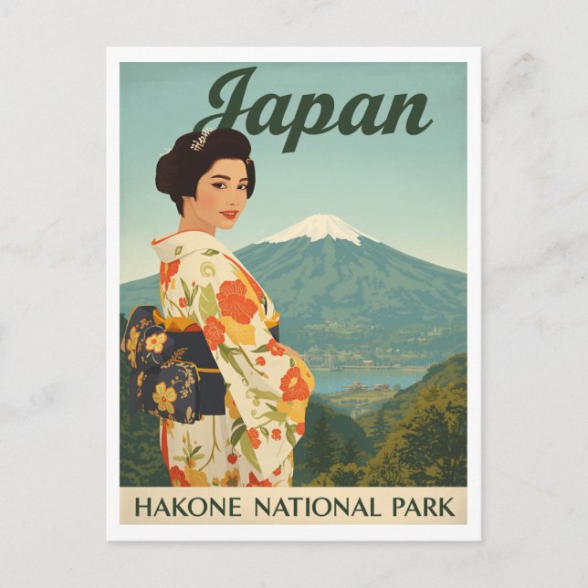 Japan Hakone Fuji Kimono Retro Postcard (Front)