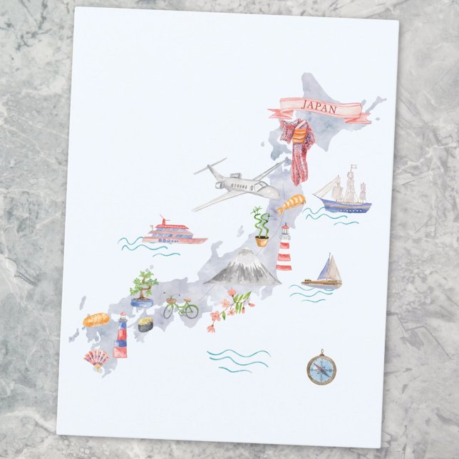 Japan Illustrated Map Postcard (Close up)
