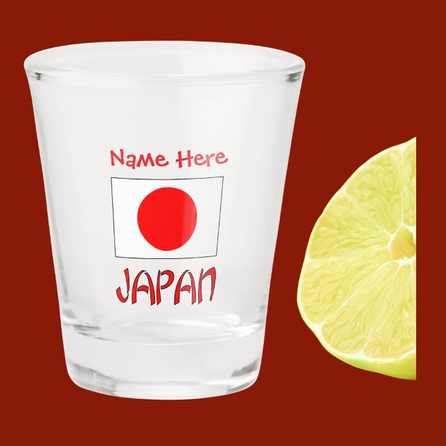 Japan Japanese Flag Red Personalised  Shot Glass (Shot glass with the Japanese flag and the word JAPAN below in red letters. Add a name above.)