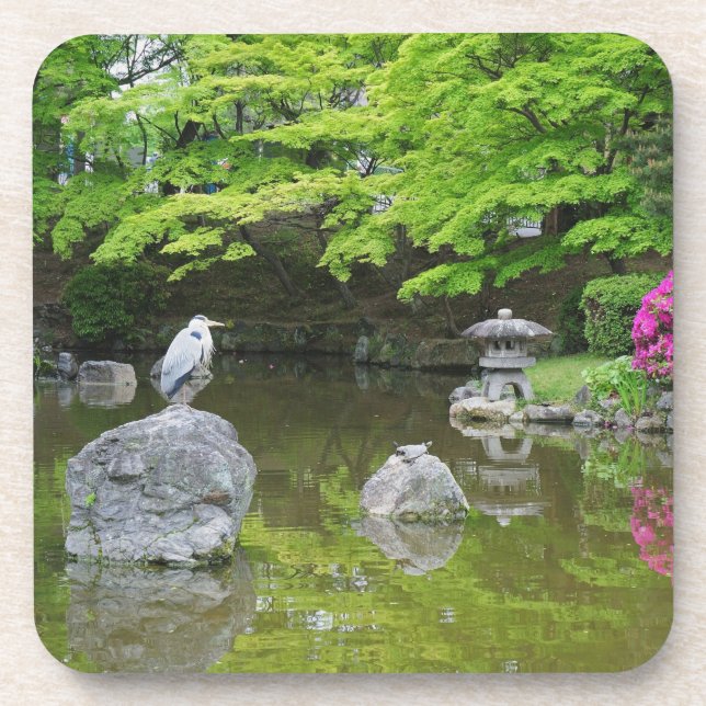 Japan, Kyoto. Heron in fresh green leaves Coaster (Front)
