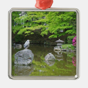 Japan, Kyoto. Heron in fresh green leaves Metal Tree Decoration
