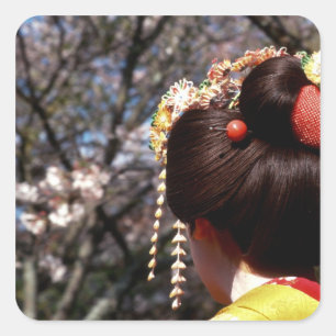 Japan, Kyoto. Rear view close-up of geisha's Square Sticker