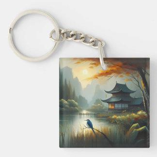 Japan Lake Bird 1 - Canvas Key Ring