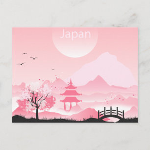 Japan landscape illustration in pink tones postcard