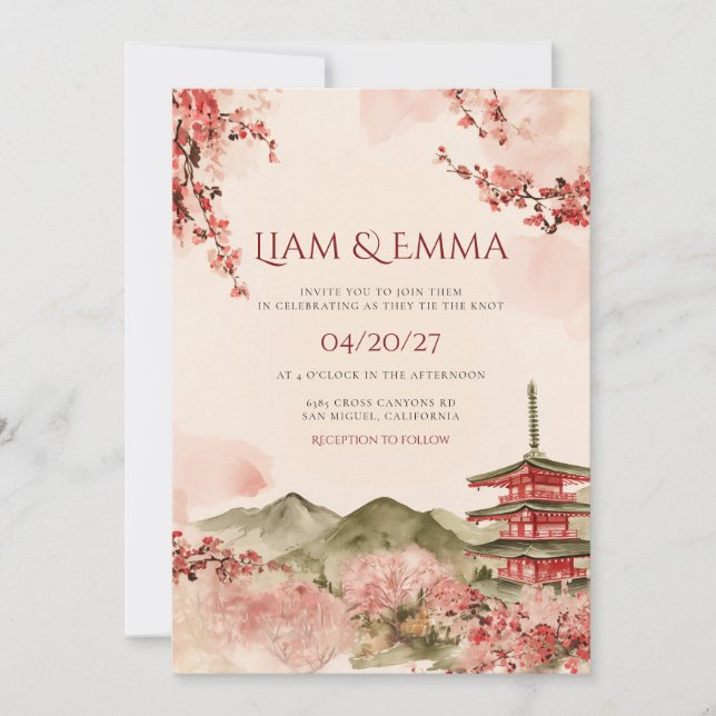 Japan Landscape Mountain Sakura Wedding Invitation (Front)