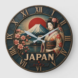 Japan Mount Fuji Geisha Cherry Blossom Japanese Large Clock