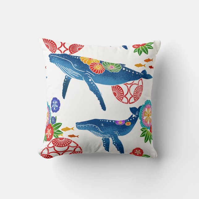 Japan Okianwan Bingata style whale pattern pillow (Front)
