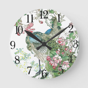 Japan Peacock Birds Crabapple Blossoms Wall Clock