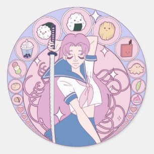 Japan Pink Anime Schoolgirl Art Nouveau Classic Round Sticker