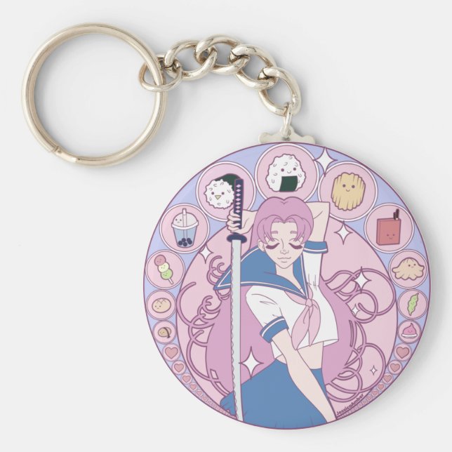 Japan Pink Anime Schoolgirl Art Nouveau Key Ring (Front)