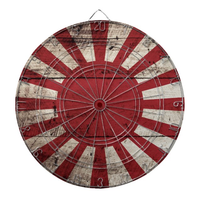 Japan Rising Sun Flag on Old Wood Grain Dartboard (Front)