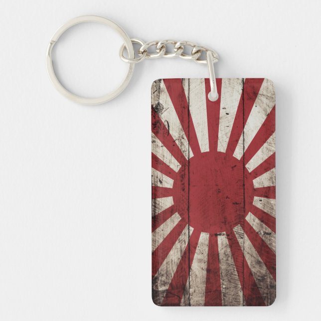 Japan Rising Sun Flag on Old Wood Grain Key Ring (Front)