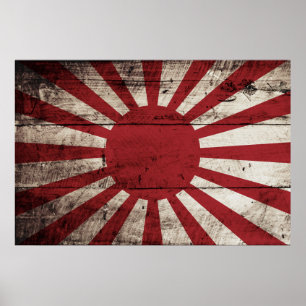 Japan Rising Sun Flag on Old Wood Grain Poster