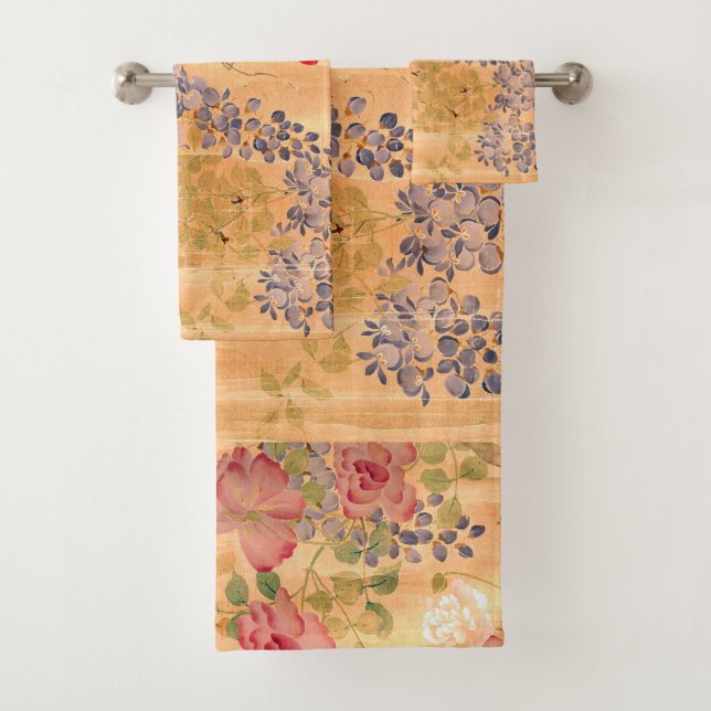 Japan Rose Wisteria Flowers Scroll Bath Towel Set (Insitu)