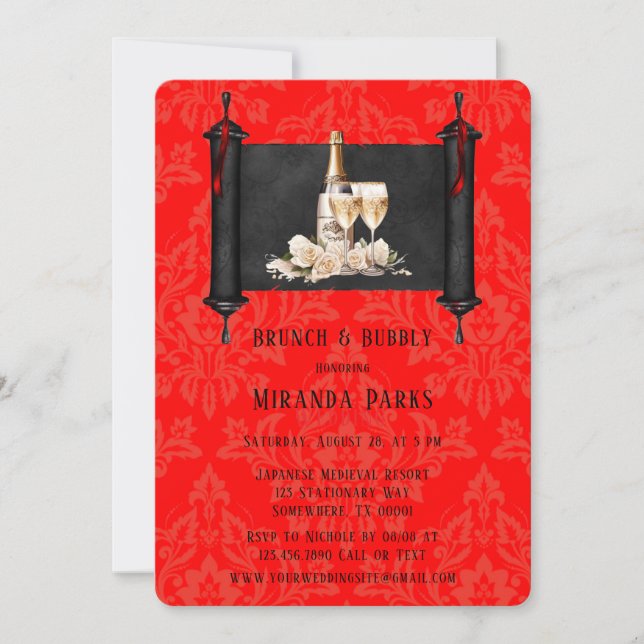 Japan Scroll Red Black Damask Brunch and Bubbly Invitation (Front)