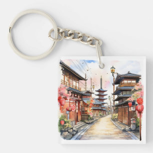 Japan street cosy spring watercolor key ring
